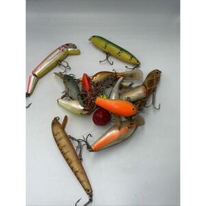 Vitage Lot of 13? fishing lures in a tangled mess- Weights Bobbers Hooks Etc